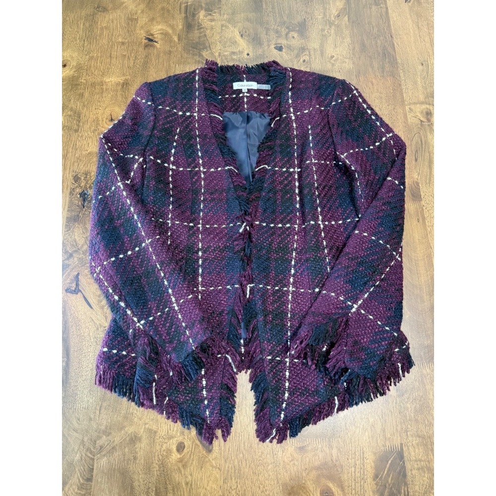 EUC Calvin Klein burgundy plaid tweed long sleeve fringe trim open blazer size 4